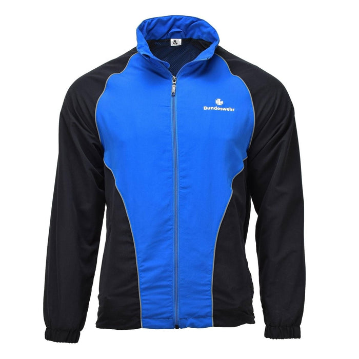 Blau-schwarze Original-Bundeswehr-Sportjacke mit Reißverschluss und reflektierenden Paspeln für Outdoor-Aktivitäten