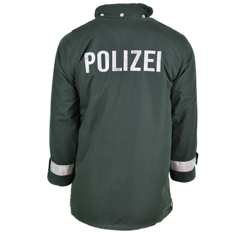 Back view of genuine German police GoreTex parka jacket in green with reflective Polizei lettering and cuff bands