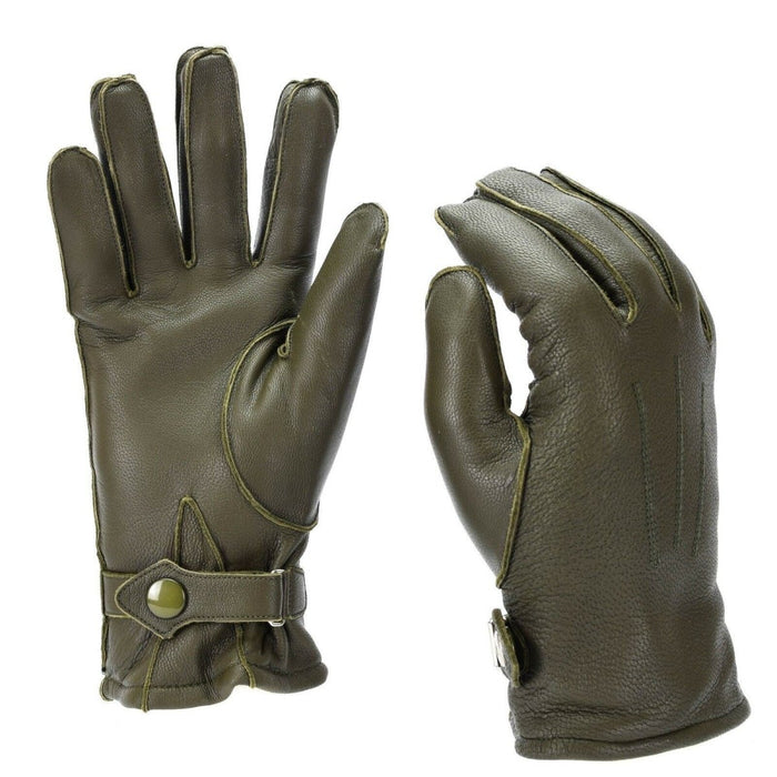 Echte deutsche Polizeilederhandschuhe in Oliv mit Wollfutter und verstellbarem Riemen für Winterwärme und Haltbarkeit.