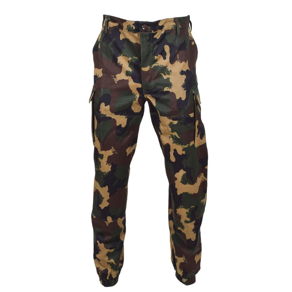 Genuine Hungarian Military M1990 woodland camo field pants with reinforced knees and multiple cargo pockets.