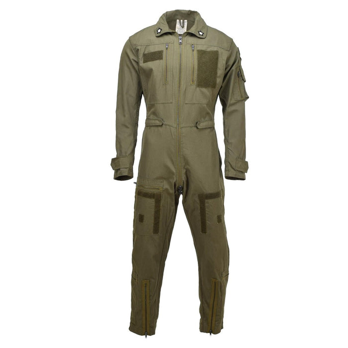 Echter olivgrüner Fliegeranzug der italienischen Armee aus strapazierfähigem Aramid mit Reißverschlusstaschen und verstellbarem Taillenverschluss.