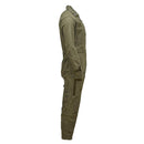 Side view of genuine Italian army olive green aramid coverall flight suit with zipped pockets and adjustable waist