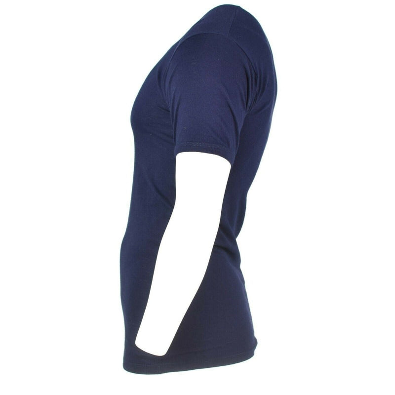 Side view of a navy blue short-sleeve Genuine Italian Army Navy T-shirt made from 100% cotton fabric.