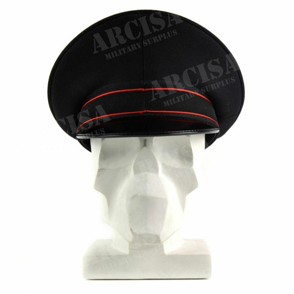 Authentic Italian Army Military Police black peaked cap with red trim and visor displayed on a white mannequin head.
