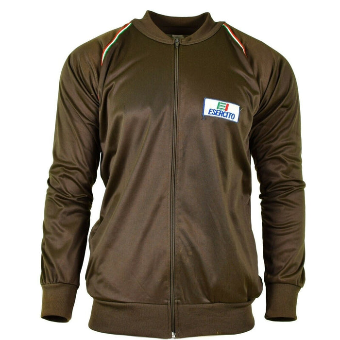 Echte braune Trainingsjacke der italienischen Armee mit durchgehendem Reißverschluss, elastischen Bündchen und Militäraufnäher auf der Brust.
