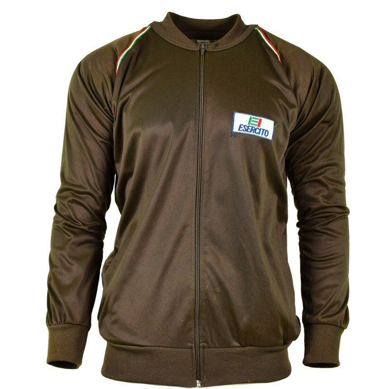 Genuine Italian Army brown training tracksuit jacket with full zip, elastic cuffs, and military patch on chest.