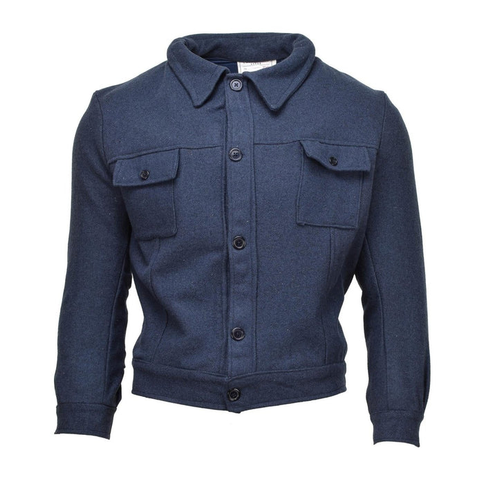Vintage-Gabardinejacke aus echter italienischer Militärwolle in Blau mit Knopfverschluss und Brusttaschen, robustes und langlebiges Design.