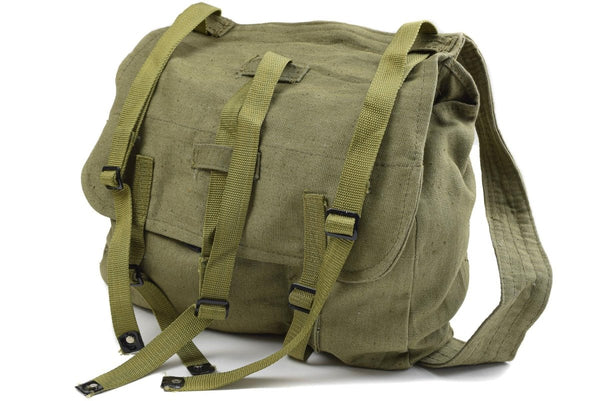 Genuine Romanian army olive canvas bread bag with double buckle closures and adjustable shoulder strap military surplus gear