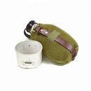 Vintage Romanian army metal canteen with olive wool felt cover and detachable drinking cup on white background