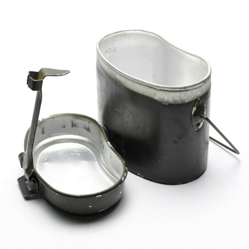 Original Romanian Army aluminum mess kit with foldable handles, ideal for camping and outdoor use.