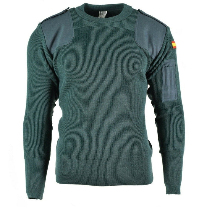 Echter Kommandopullover der spanischen Armee mit verstärkten Schultern und Ellbogen, einer Stifttasche und einem Aufnäher mit der spanischen Flagge.