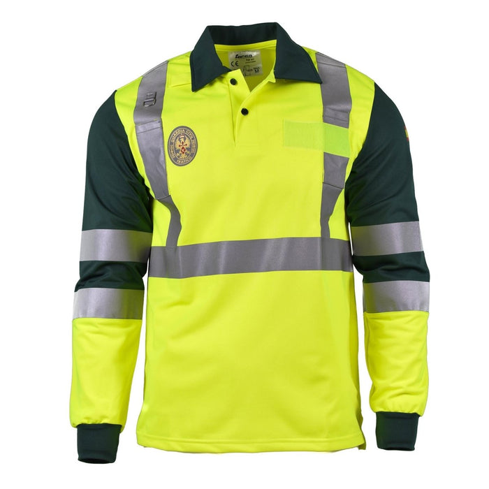 Echtes, langärmliges, gelbes Poloshirt der spanischen Guardia Civil mit reflektierenden Streifen für hohe Sichtbarkeit und Sicherheit.