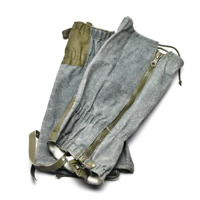 Genuine Swiss army wool gaiters in gray with zipper and drawstring, designed for hiking and military use.