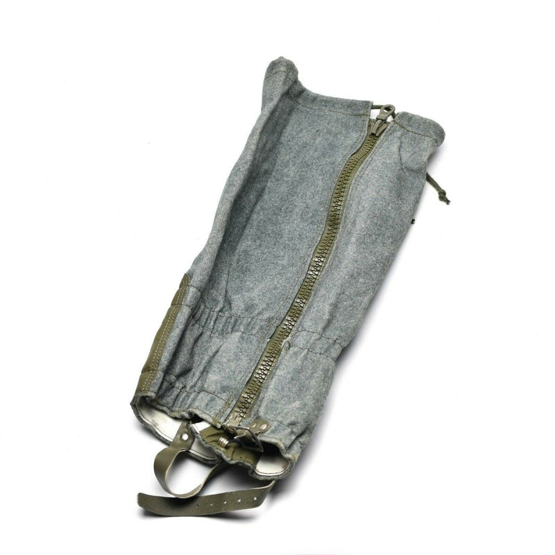 Genuine Swiss military wool gaiters in gray with zipper and straps, designed for hiking and outdoor protection.