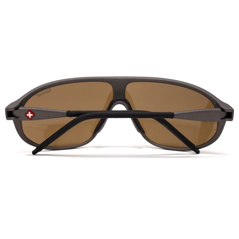 Black Genuine Swiss Army SUVASOL sunglasses with brown lenses and red Swiss cross logo on the arm, shown from rear view