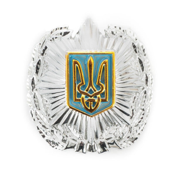 Authentic Ukrainian Police hat insignia with blue and gold coat of arms, silver laurel wreath design, officer cap badge.