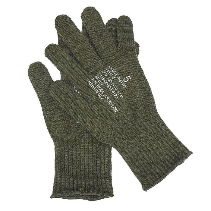 Ein Paar echte Militärhandschuh-Einsätze aus Wollmischung der US-Armee in Olivgrün, die auf Wärme und Haltbarkeit ausgelegt sind.