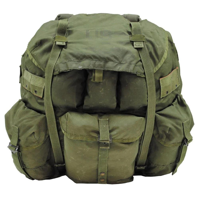 Genuine U.S. vintage military ALICE type waterproof 50L backpack with multiple pouches and adjustable straps for camping.