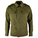 Vintage Czech army M85 field jacket in olive green with button-up front and multiple pockets, made of durable fabric.