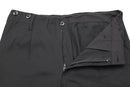 Close-up of black German Army style BDU cargo pants waistband and zipper detail made from durable fabric