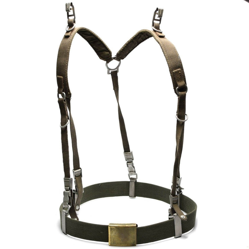 Vintage German army olive Y-strap suspenders webbing set with belt and metal buckles for tactical harness system