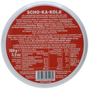 Back of German SCHO-KA-KOLA dark chocolate tin with caffeine and cola nut ingredients and nutrition info.