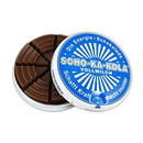 Round blue tin of Scho-Ka-Kola German milk chocolate with eight caffeine-infused wedge pieces inside.