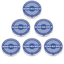 Five blue round tin cans of German Scho-Ka-Kola whole milk energy chocolate with white logo and text.