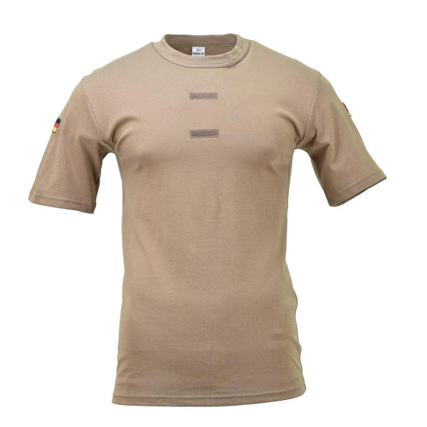 Khaki German military short sleeve shirt with tropical chest hook and loop shoulder flags, breathable and lightweight design.