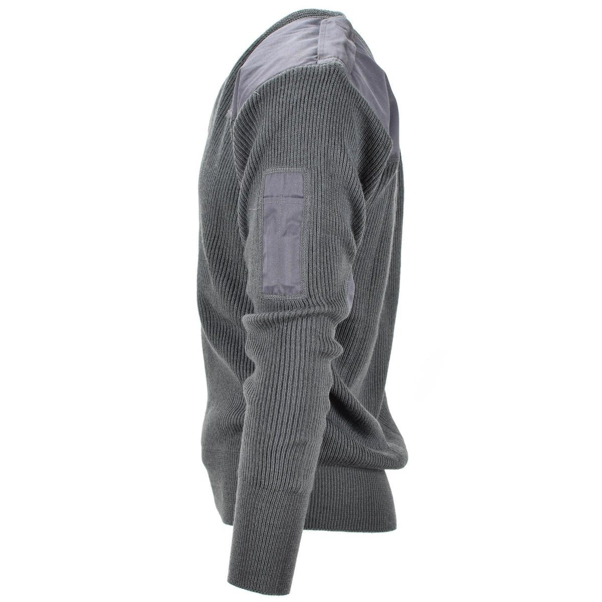 Italienischer Militärpullover aus grauer Wolle mit V-Ausschnitt und verstärkten Ellbogen
