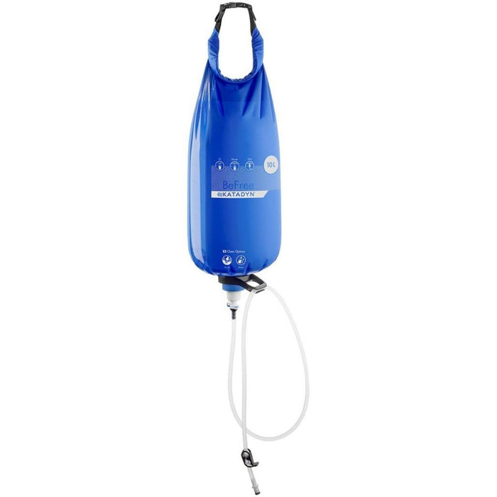 Katadyn BeFree Gravity 10L water filter hydration bladder with EZ-Clean membrane and quick-release valve hanging isolated view