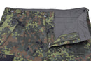 Close-up of Leo Kohler BDU pants in Bundeswehr Flecktarn camo with open zipper and button details.