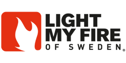 Red flame icon with black text reading Light My Fire of Sweden on white background