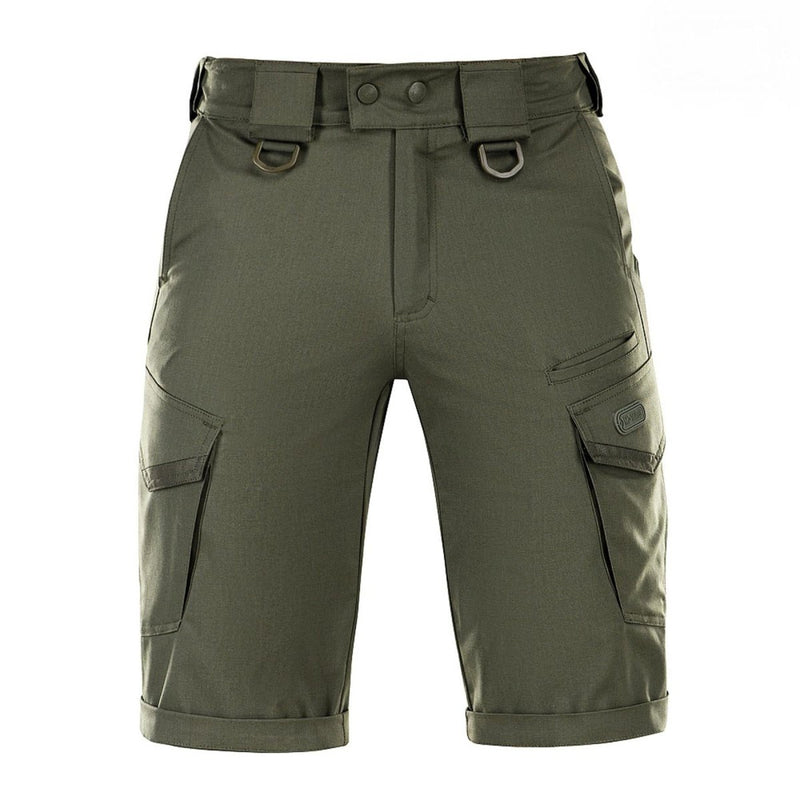 Olive green M-TAC army style cargo Bermuda shorts with stretchy ripstop fabric and multiple pockets.