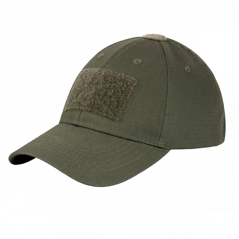 Military style olive green baseball cap with front patch, breathable eyelets, and adjustable strap for comfort and versatility.
