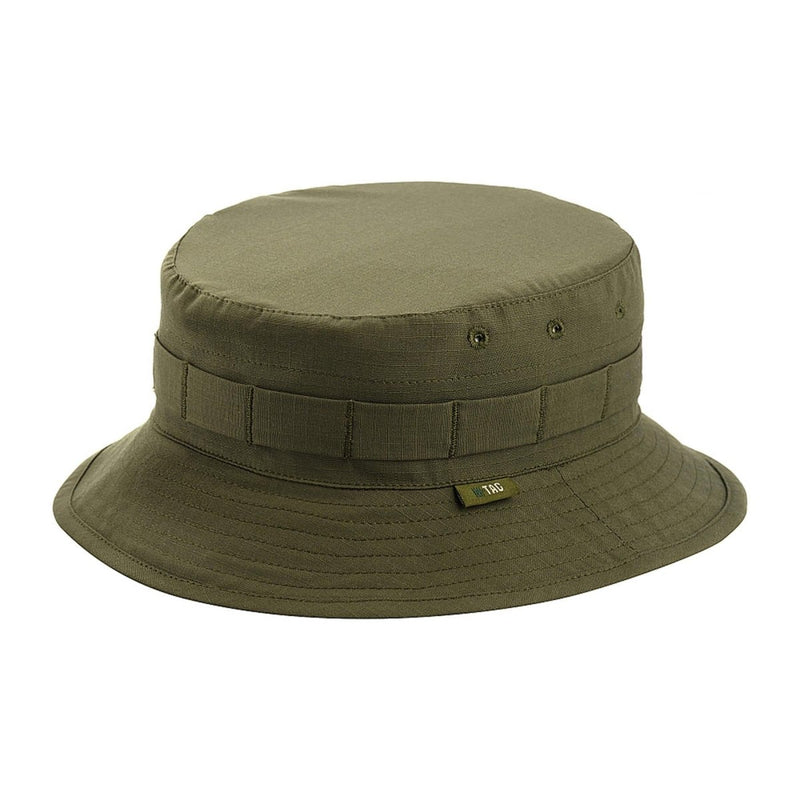 Olive green M-TAC military style boonie hat with foldable brim and tactical loops for outdoor use