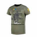 Olive green military style t-shirt with tactical soldiers graphic and Ukrainian flag emblem on sleeve