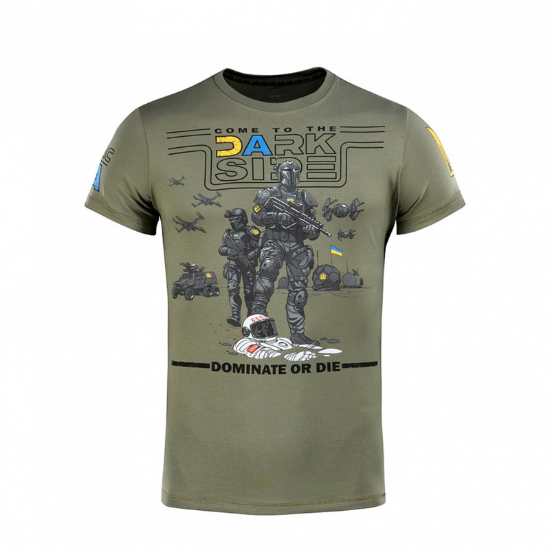 Olive military-style short sleeve t-shirt with Ukrainian flag and dark tactical soldier graphic design.