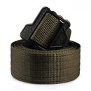 Military style tactical combat belt in olive canvas with durable quick-release black plastic buckle rolled up isolated on white background