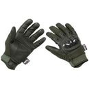 MFH military tactical gloves in olive green with carbon knuckle protectors and adjustable wrist straps, fingerless design.