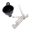 Black plastic funnel and metal multi-tool accessory for MFH Brand Petrol Stove outdoor camping kit