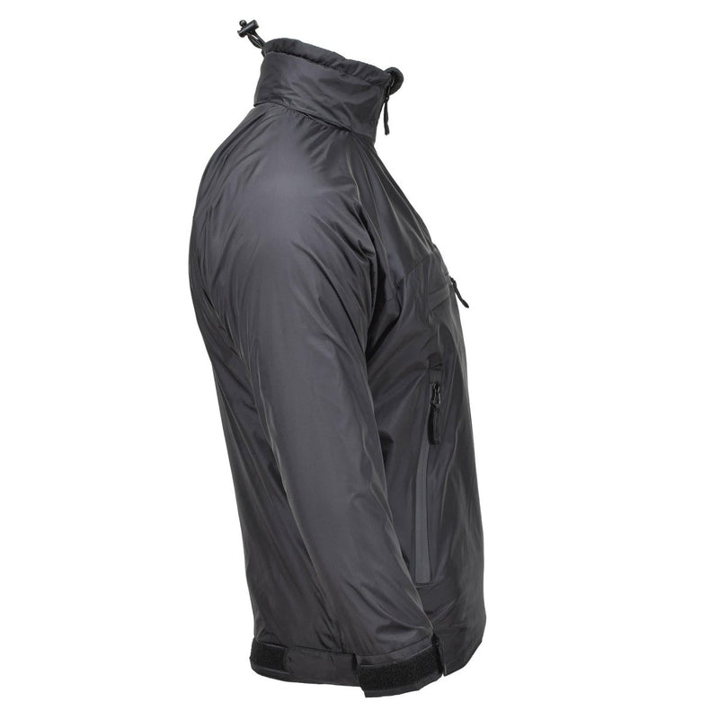 Side view of black MFH lightweight thermal hooded Anorak jacket with front pocket and adjustable collar