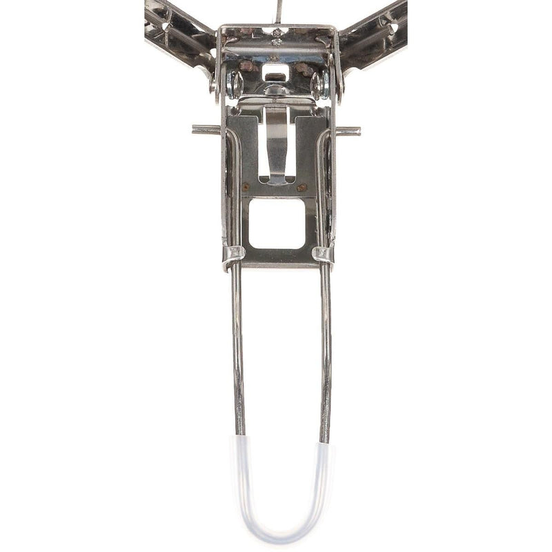 Close-up of the MFH campfire pot stand metal locking mechanism and foldable leg with protective plastic cover