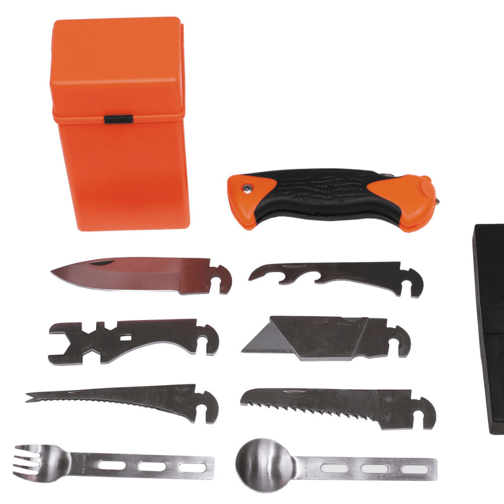 MFH Special 27-teiliges Survival-Kit, Utility-Tool-Box, Orange, Camping, Outdoor