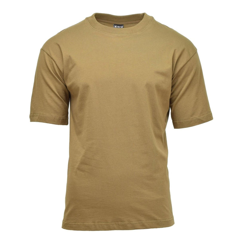 Coyote brown MFH U.S. military-style short-sleeve T-shirt, lightweight, breathable, durable, and comfortable undershirt.