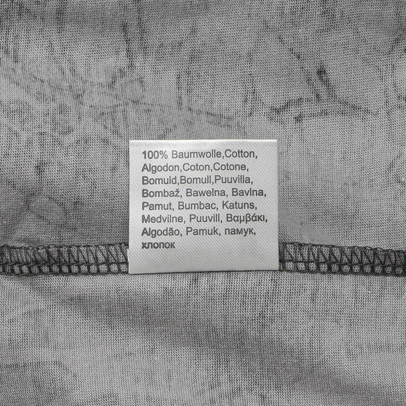 Close-up of a 100% cotton fabric label inside a gray MFH U.S. military-style coyote brown T-shirt.