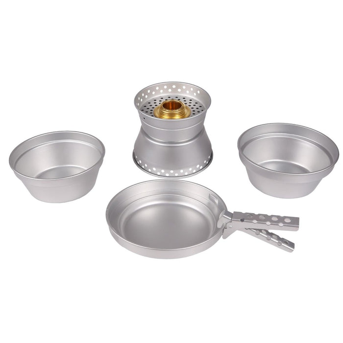 MIL-TEC Camping-Kochgeschirrset aus Aluminium mit zwei Töpfen, einer Pfanne und einem kompakten Messingbrenner zum Wandern und Kochen im Freien.