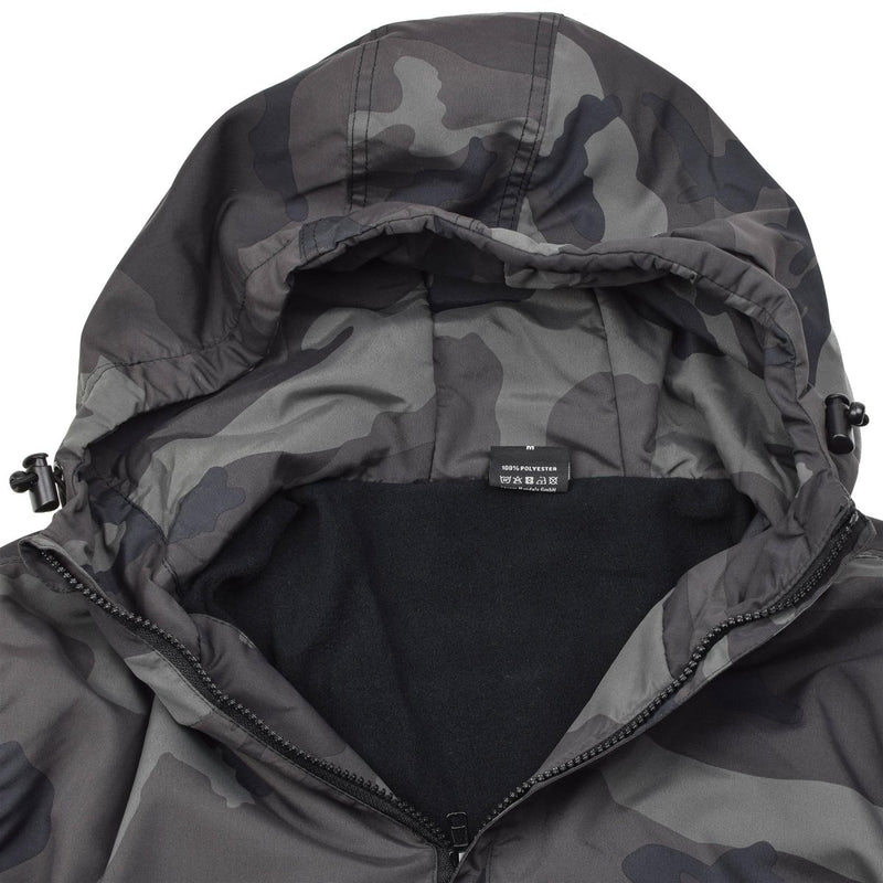 Close-up of MIL-TEC lightweight CCE night camouflage hooded anorak sports jacket with half-zip and adjustable hood