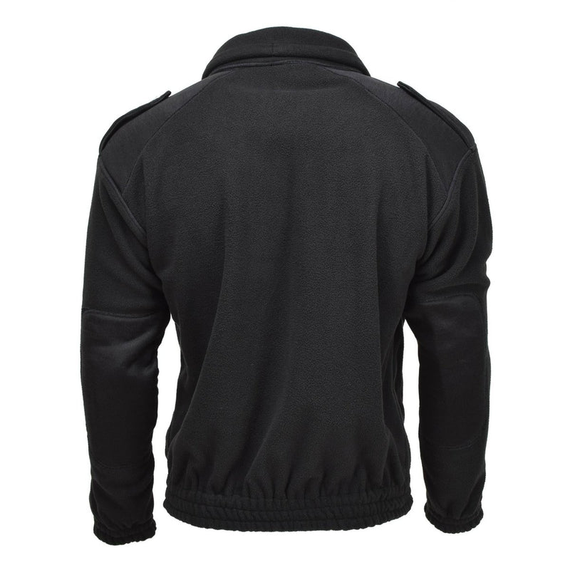 Back view of black MIL-TEC army style fleece pullover jacket with reinforced shoulders and elastic waistband.