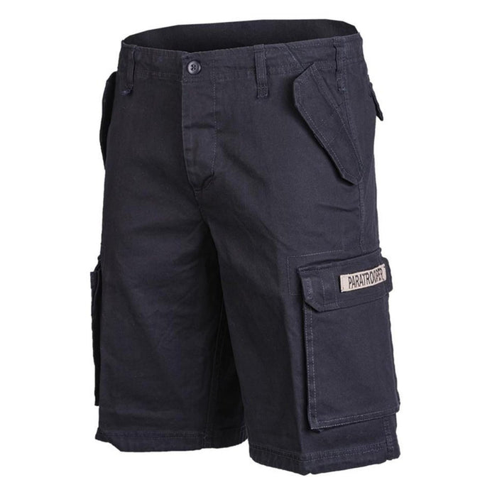 Leichte Fallschirmjäger-Shorts aus schwarzem Moleskin von Mil-Tec mit Cargotaschen und Gürtelschlaufen für den Einsatz im Freien und am Arbeitsplatz